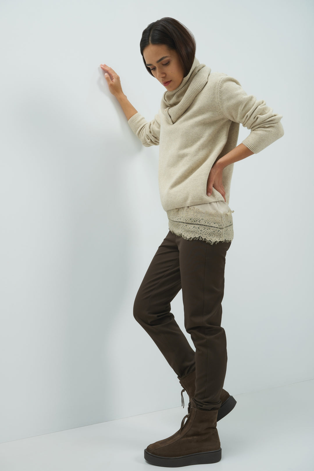 Yaya Light Beige Melange Scarf Jumper Sweater, styled lookbook look 1
