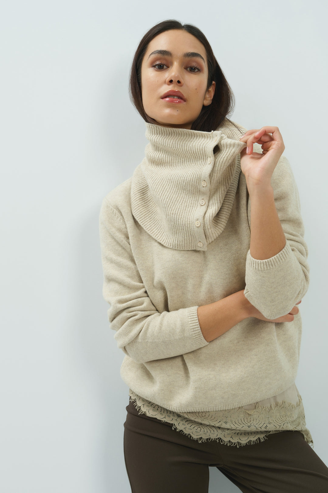 Yaya Light Beige Melange Scarf Jumper Sweater, styled lookbook look 2