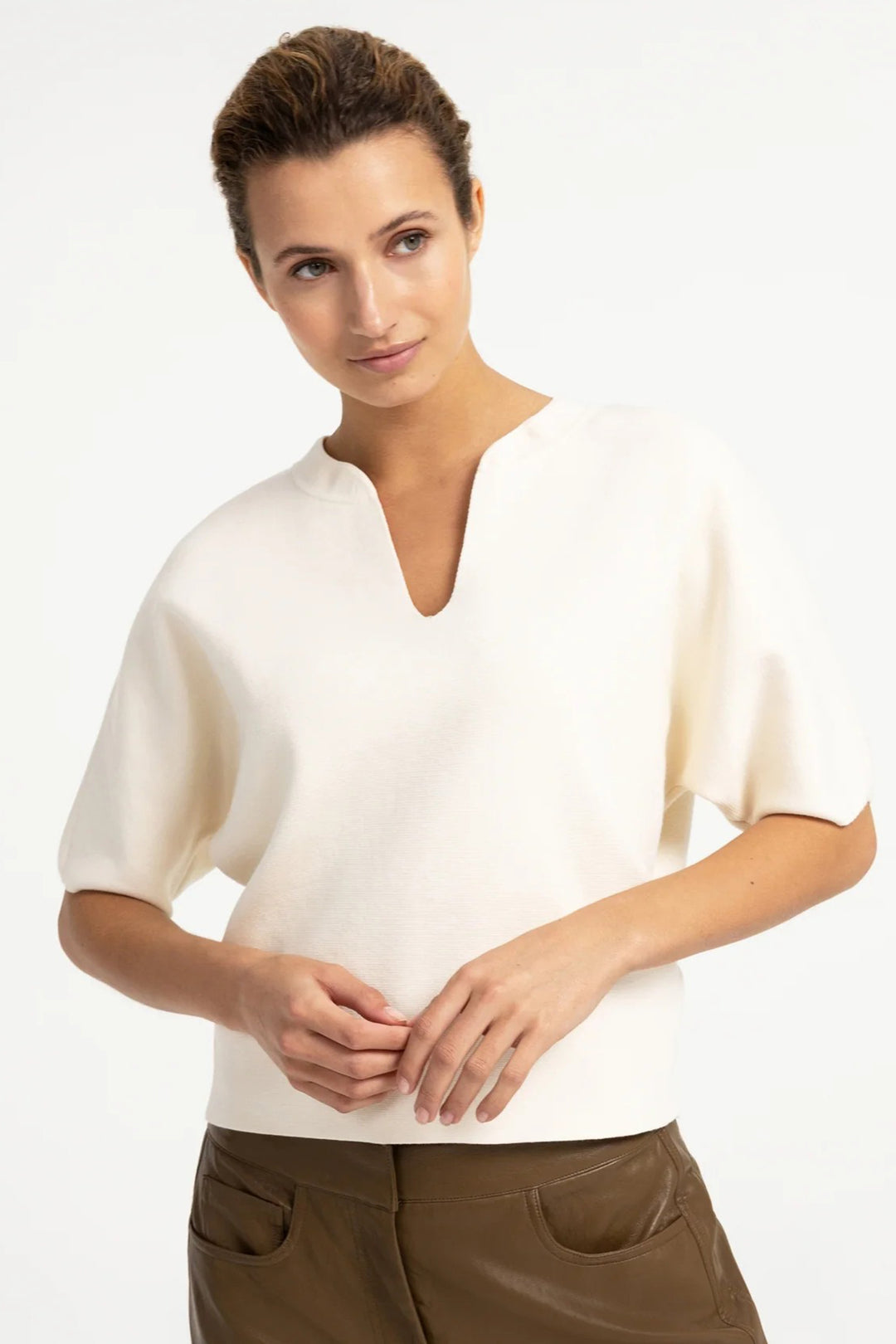 Olivia Grace Fashion - Yaya Off White Knitted Top With Bomber Collar 01-000616-608 99080