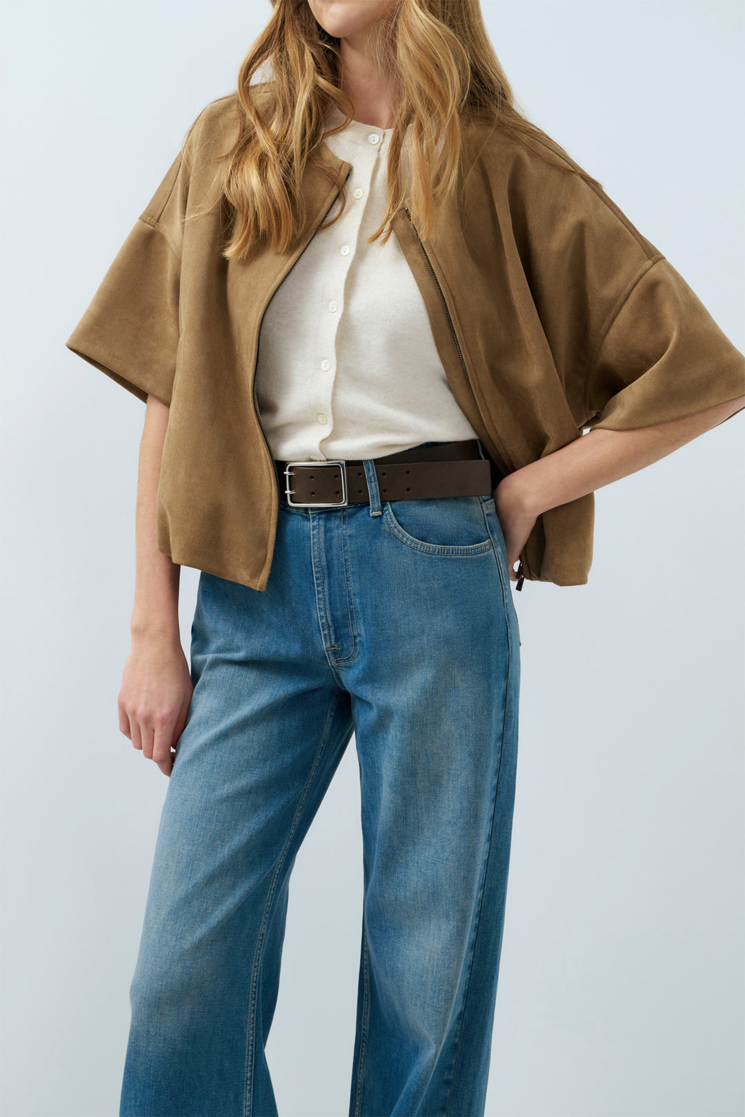 Yaya Otter Brown Oversized Shortsleeve Suedine Jacket, styled front view showing the cropped length
