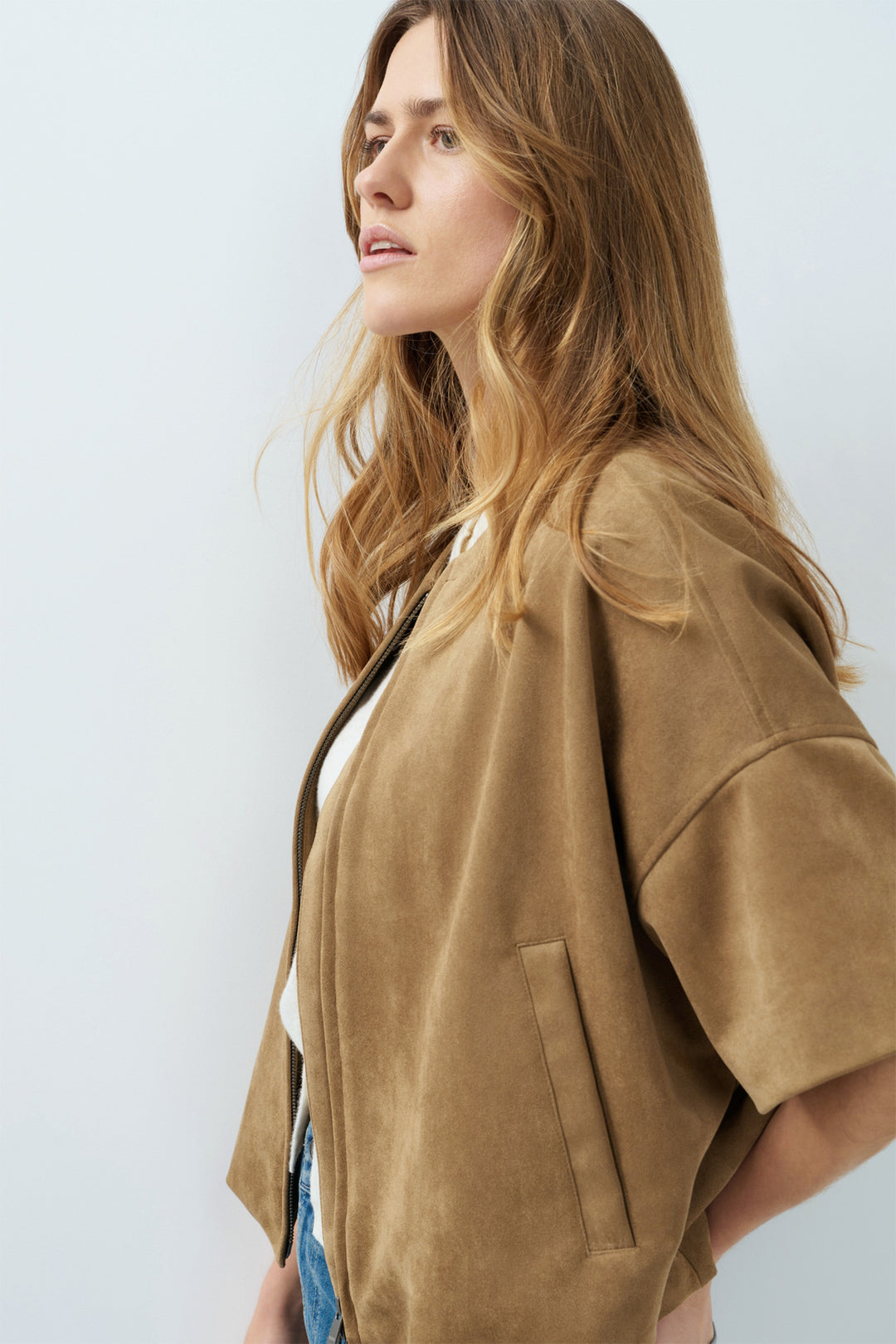 Yaya Otter Brown Oversized Shortsleeve Suedine Jacket, side view showing the dropped shoulder