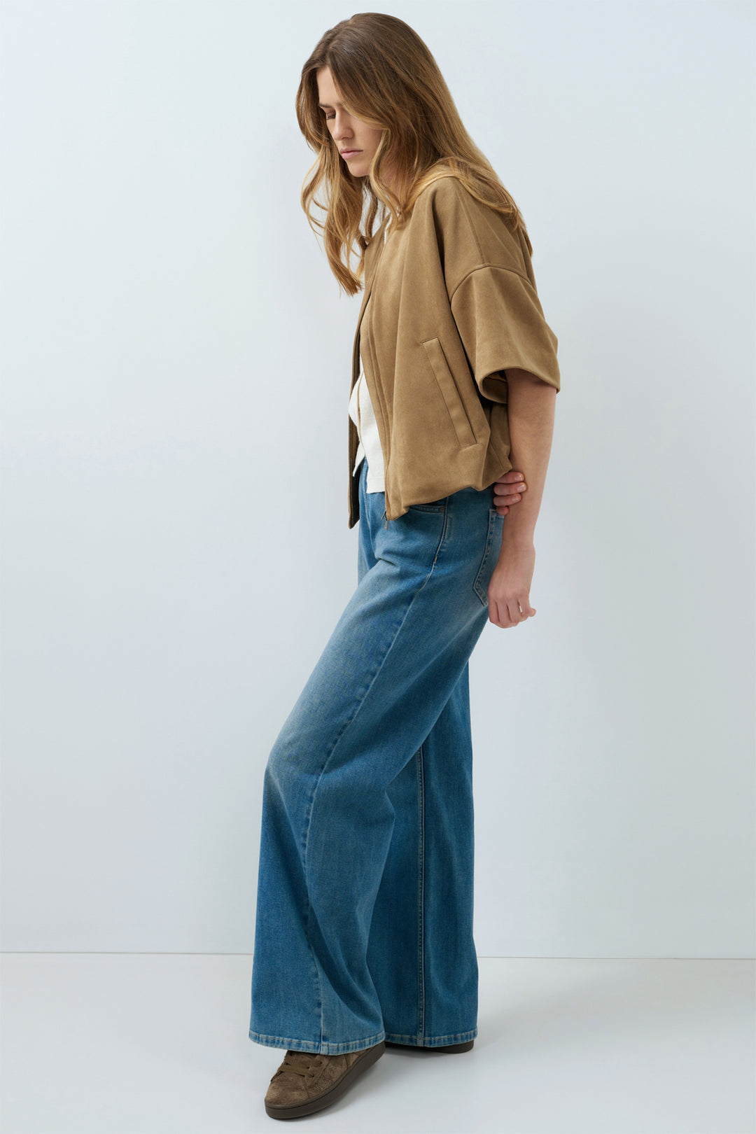 Yaya Otter Brown Oversized Shortsleeve Suedine Jacket, full length side view