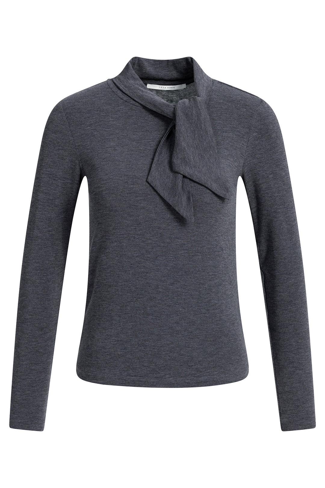 Yaya Pavement Grey Melange Long Sleeve Top With Scarf Collar, front view