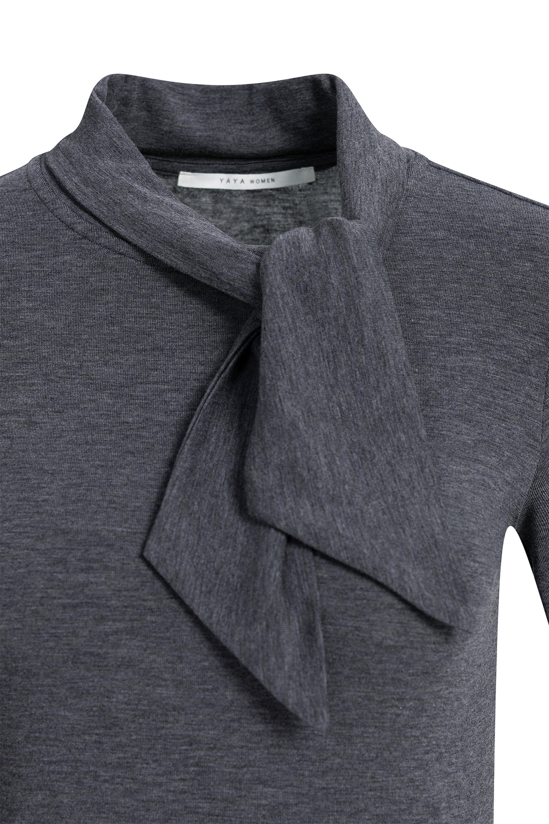 Yaya Pavement Grey Melange Long Sleeve Top With Scarf Collar, tie scarf collar detail