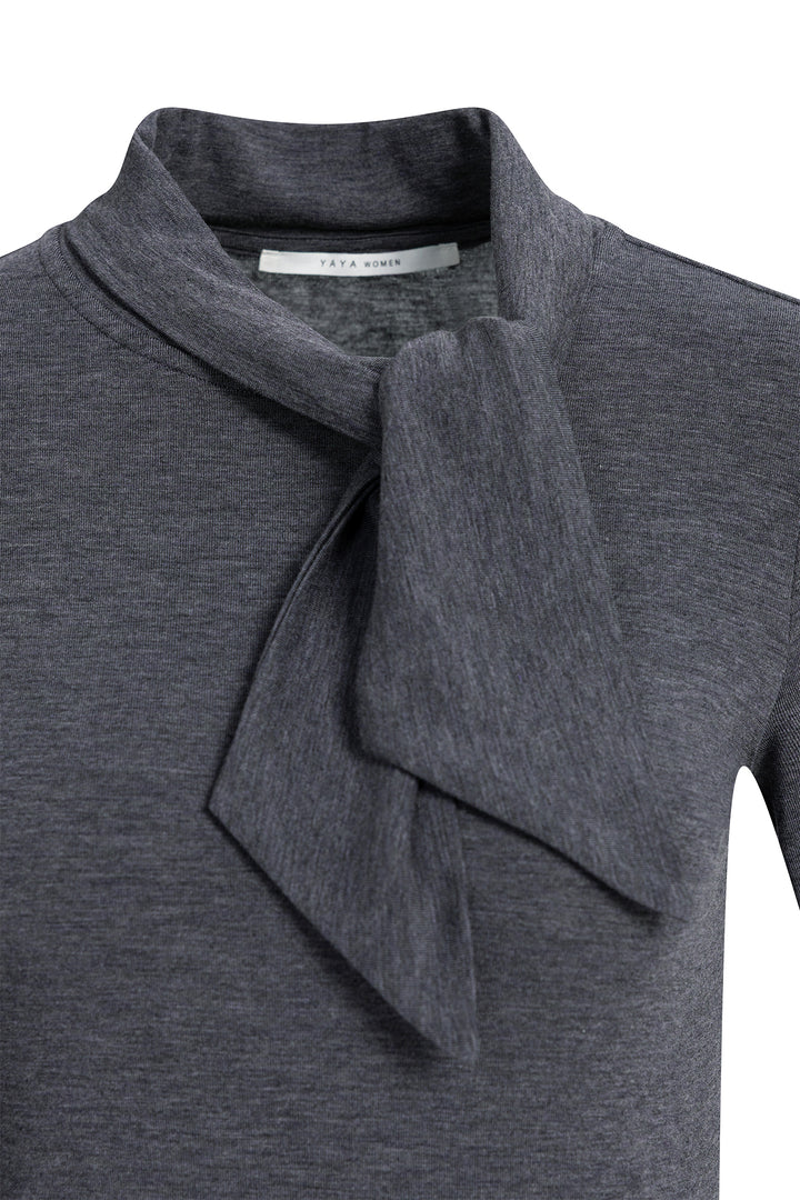 Yaya Pavement Grey Melange Long Sleeve Top With Scarf Collar, tie scarf collar detail