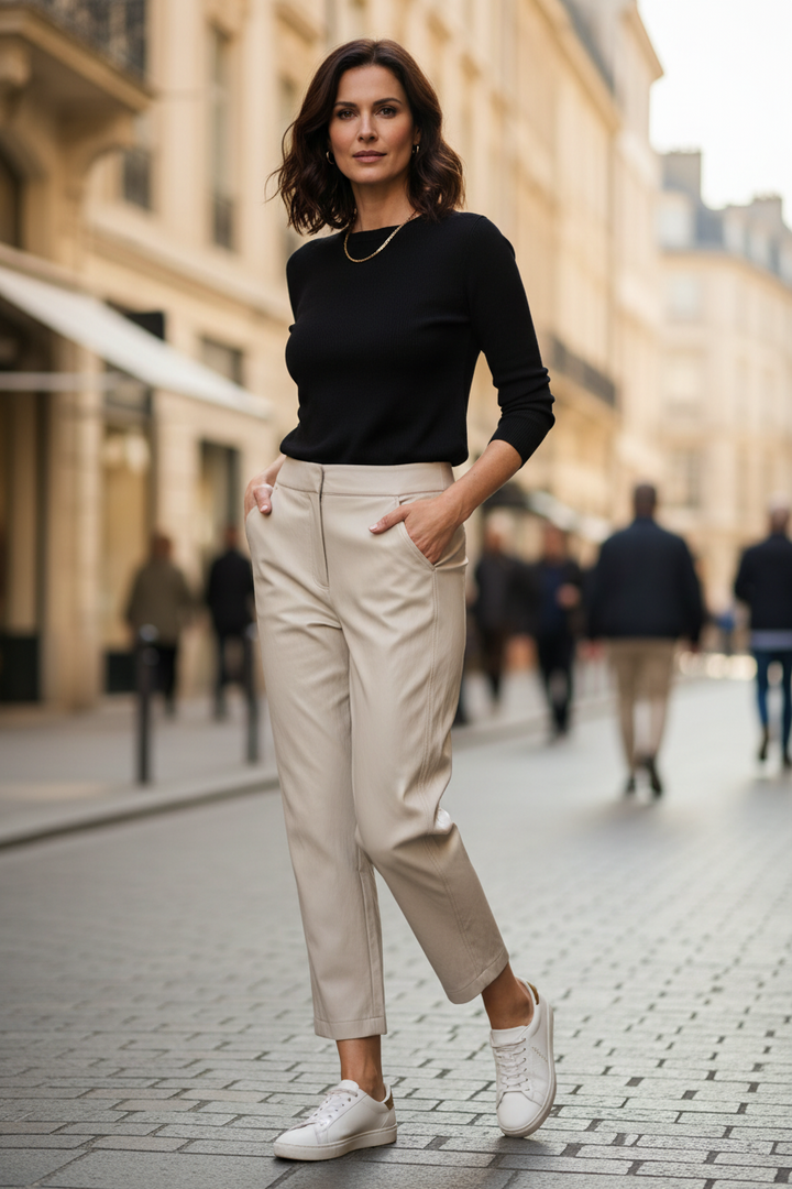 Yaya Pure Cashmere Grey Beige Faux Leather Carrot Fit Trousers 01-309289-608 61103