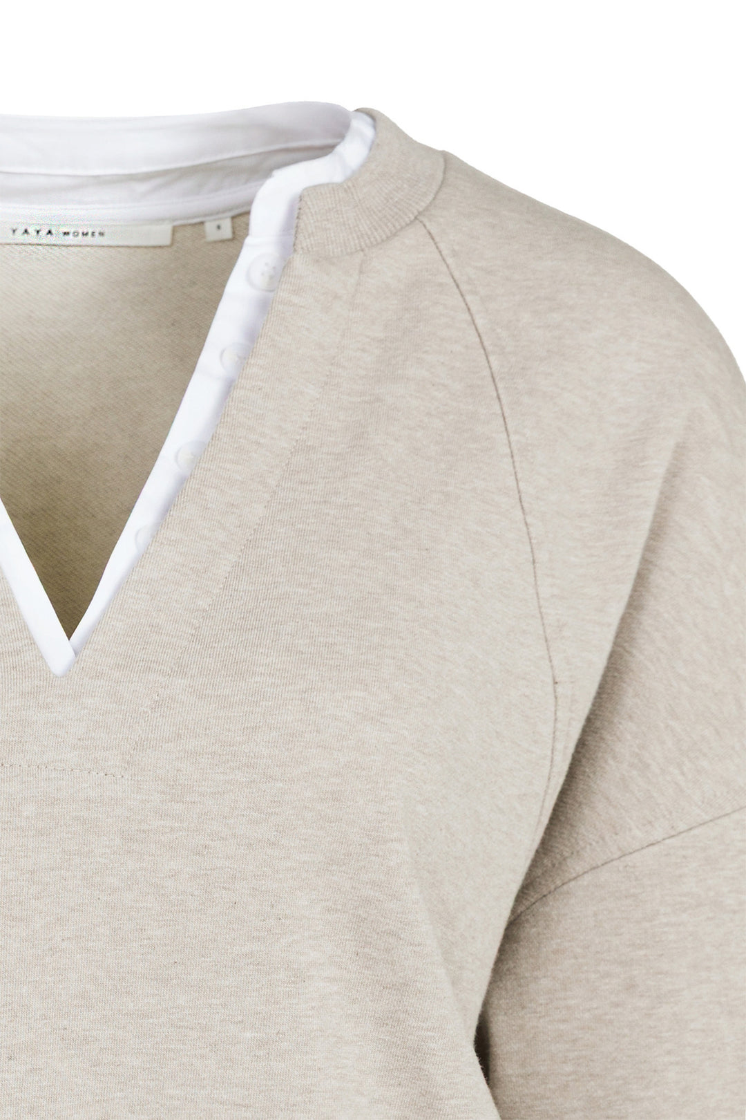 Yaya Pure Cashmere Grey Melange Beige V-Neck Sweatshirt, neckline detail with contrast inner trim