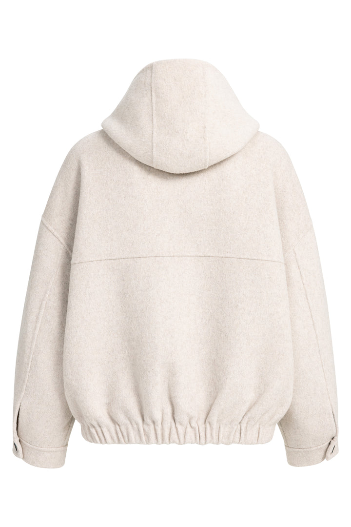 Yaya Pure Cashmere Grey Melange Beige Wool Mix Oversized Jacket, back view with hood
