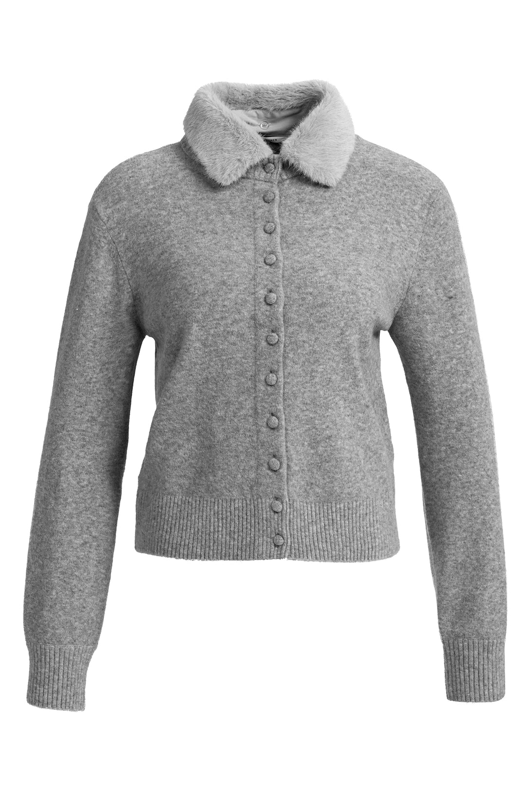 Yaya Soap Grey Melange Cardigan With Detachable Collar, front view with faux fur collar