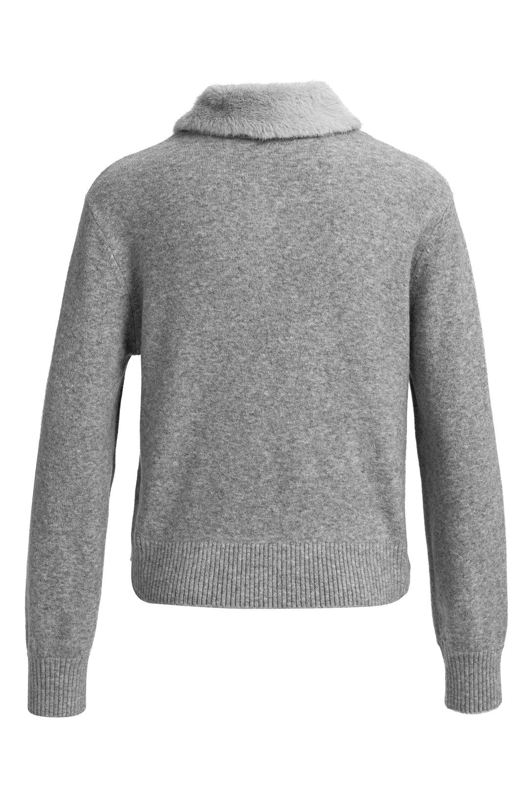 Yaya Soap Grey Melange Cardigan With Detachable Collar, back view with faux fur collar
