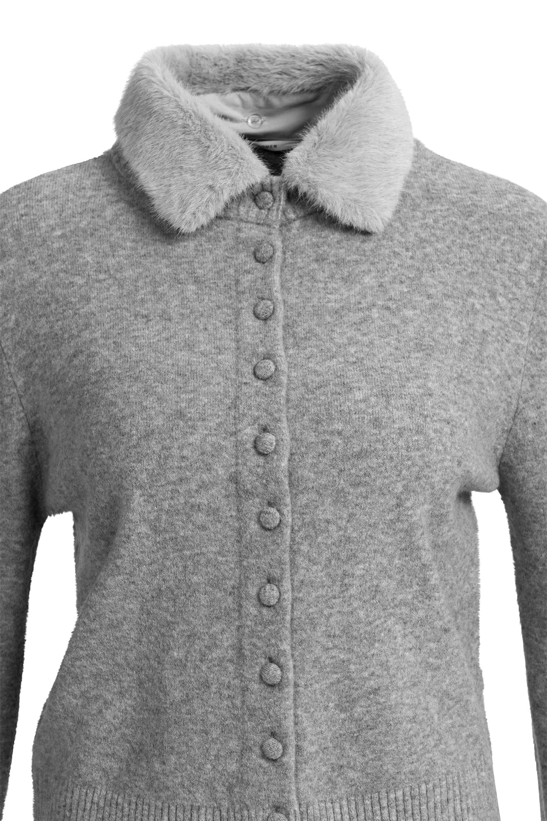 Yaya Soap Grey Melange Cardigan With Detachable Collar, faux fur collar and button placket detail