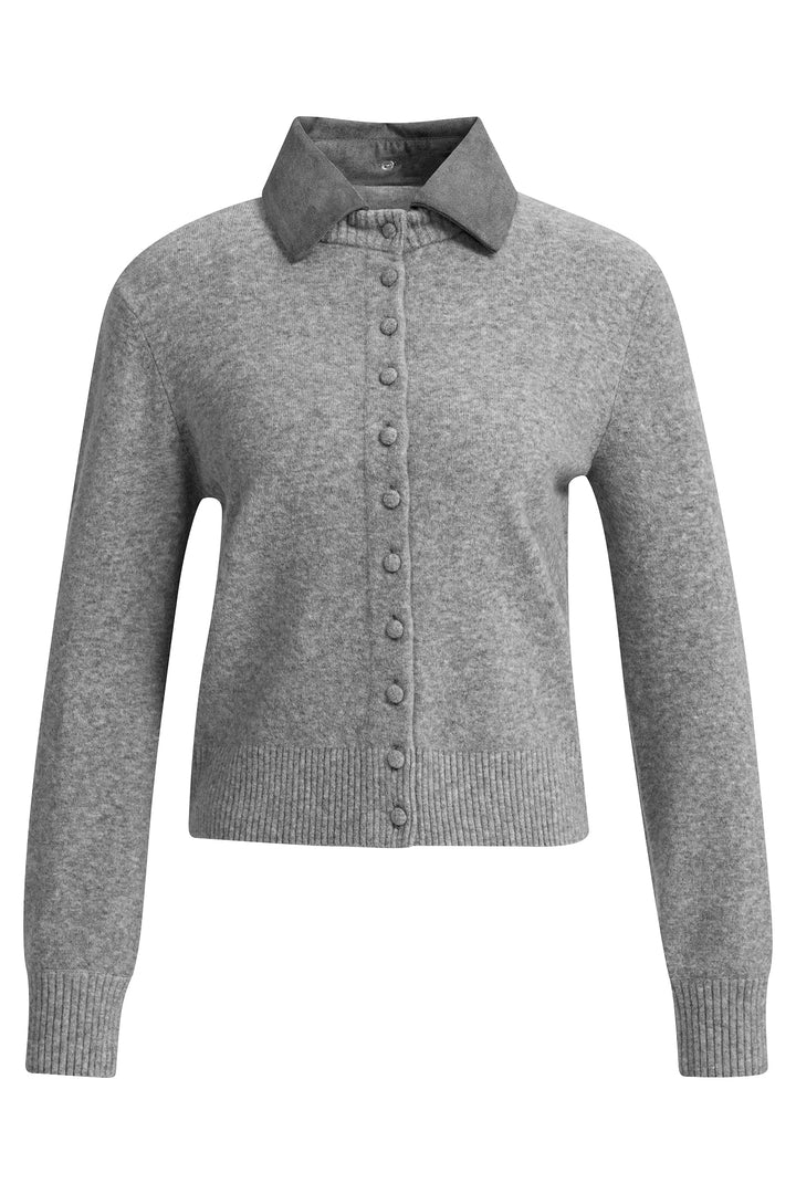 Yaya Soap Grey Melange Cardigan With Detachable Collar, front view with suede collar