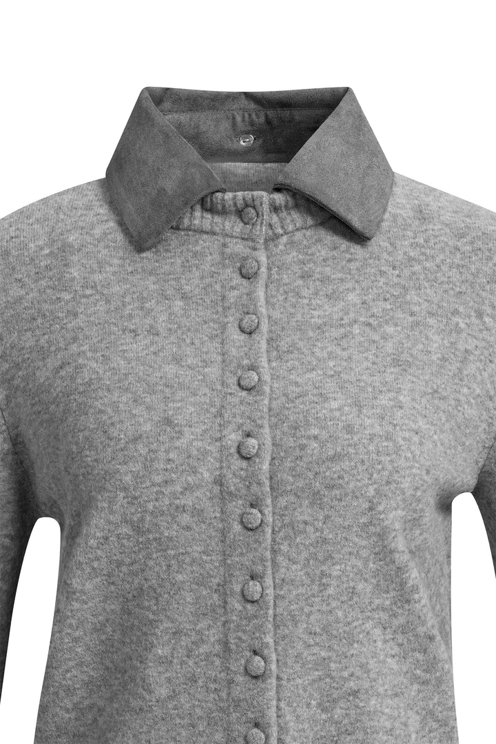 Yaya Soap Grey Melange Cardigan With Detachable Collar, suede collar and button placket detail