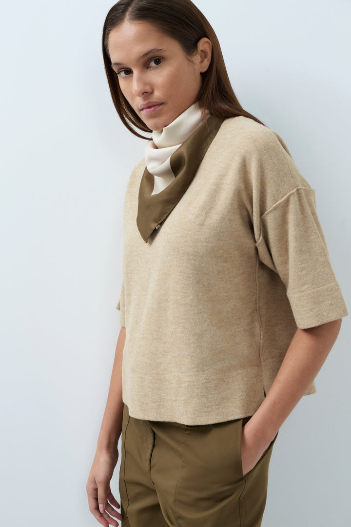Yaya Teak Brown Dessin Satin Twill Square Scarf, styled lookbook look 2