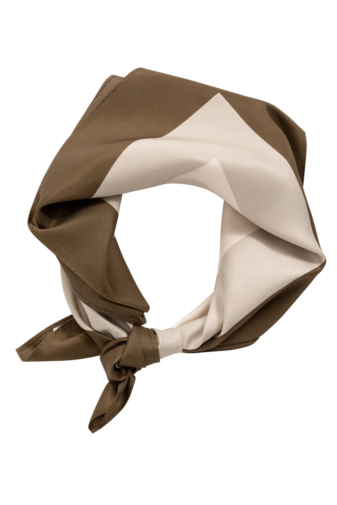 Yaya Teak Brown Dessin Satin Twill Square Scarf, knotted and styled