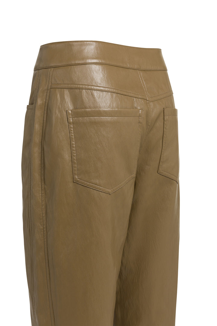 Yaya Teak Brown Faux Leather Carrot Fit Trousers, back pocket and yoke detail