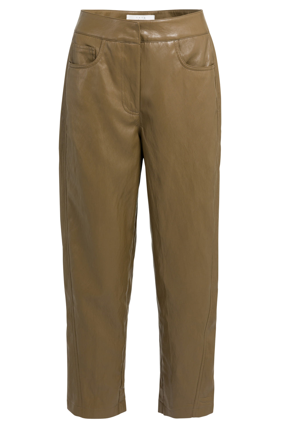 Yaya Teak Brown Faux Leather Carrot Fit Trousers, front packshot