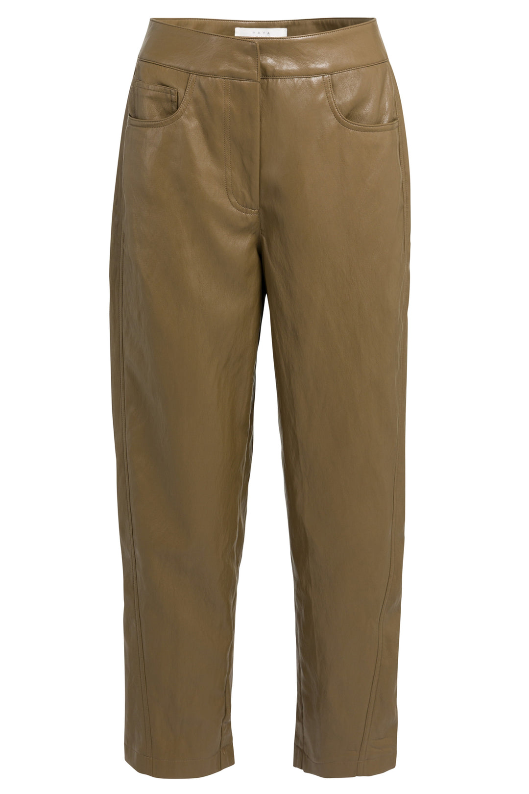 Yaya Teak Brown Faux Leather Carrot Fit Trousers, front packshot