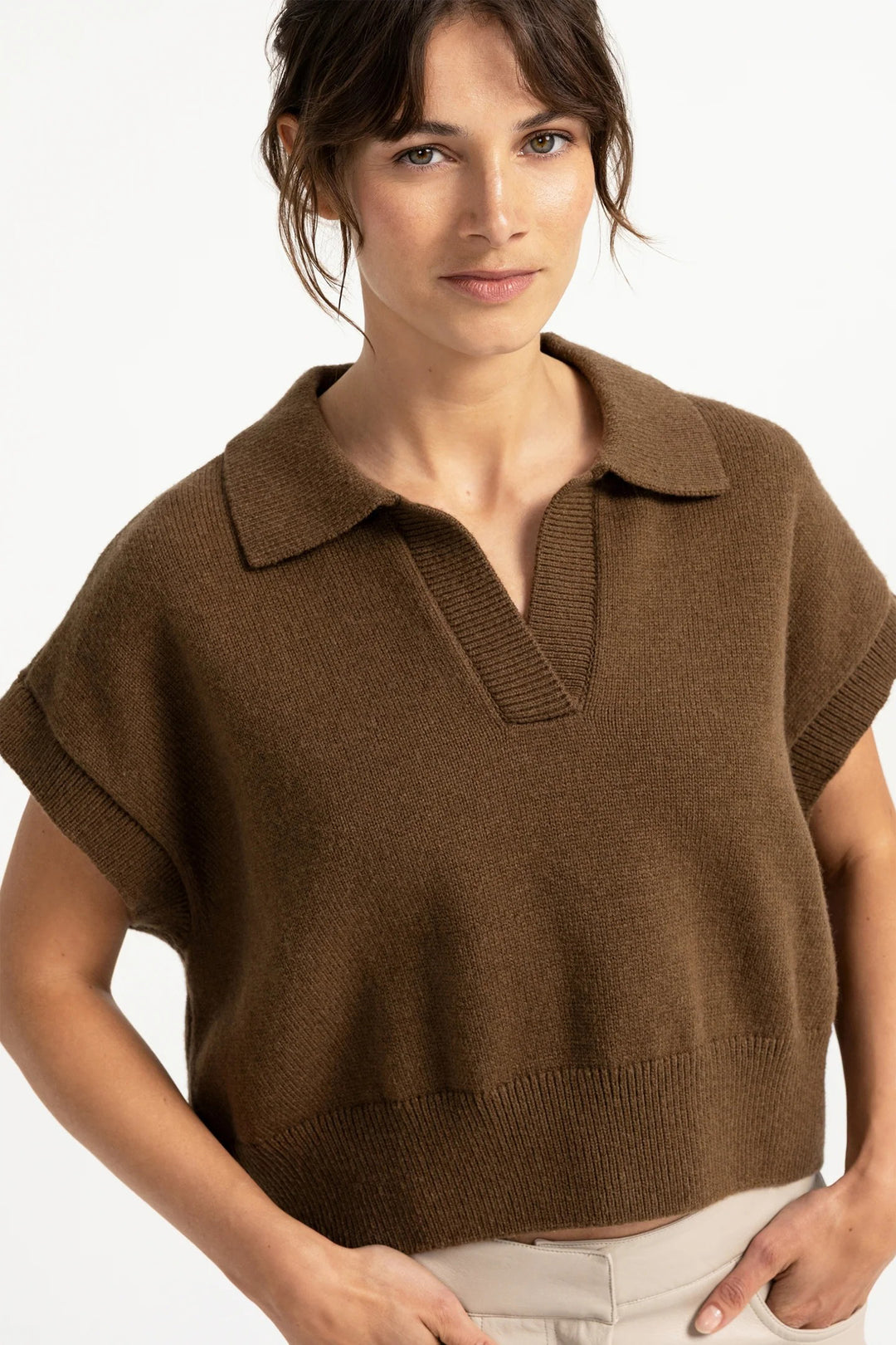 Olivia Grace Fashion - Yaya Teak Brown Melange Knitted Spencer With Collar 01-000617-608 906172