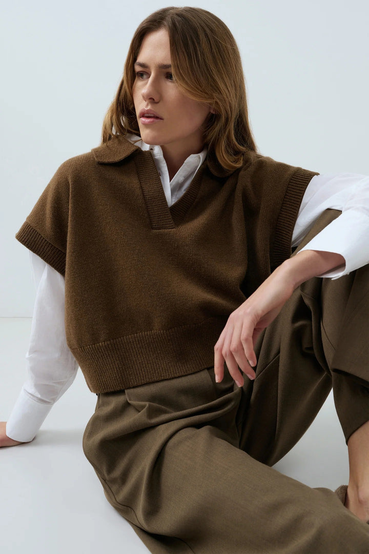 Olivia Grace Fashion - Yaya Teak Brown Melange Knitted Spencer With Collar 01-000617-608 906172