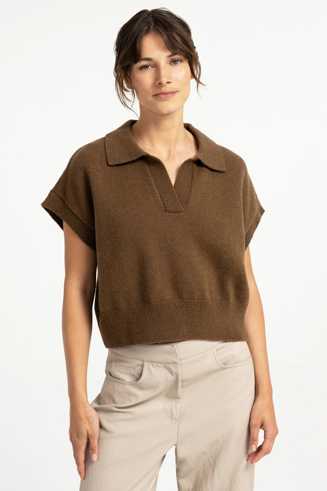 Olivia Grace Fashion - Yaya Teak Brown Melange Knitted Spencer With Collar 01-000617-608 906172
