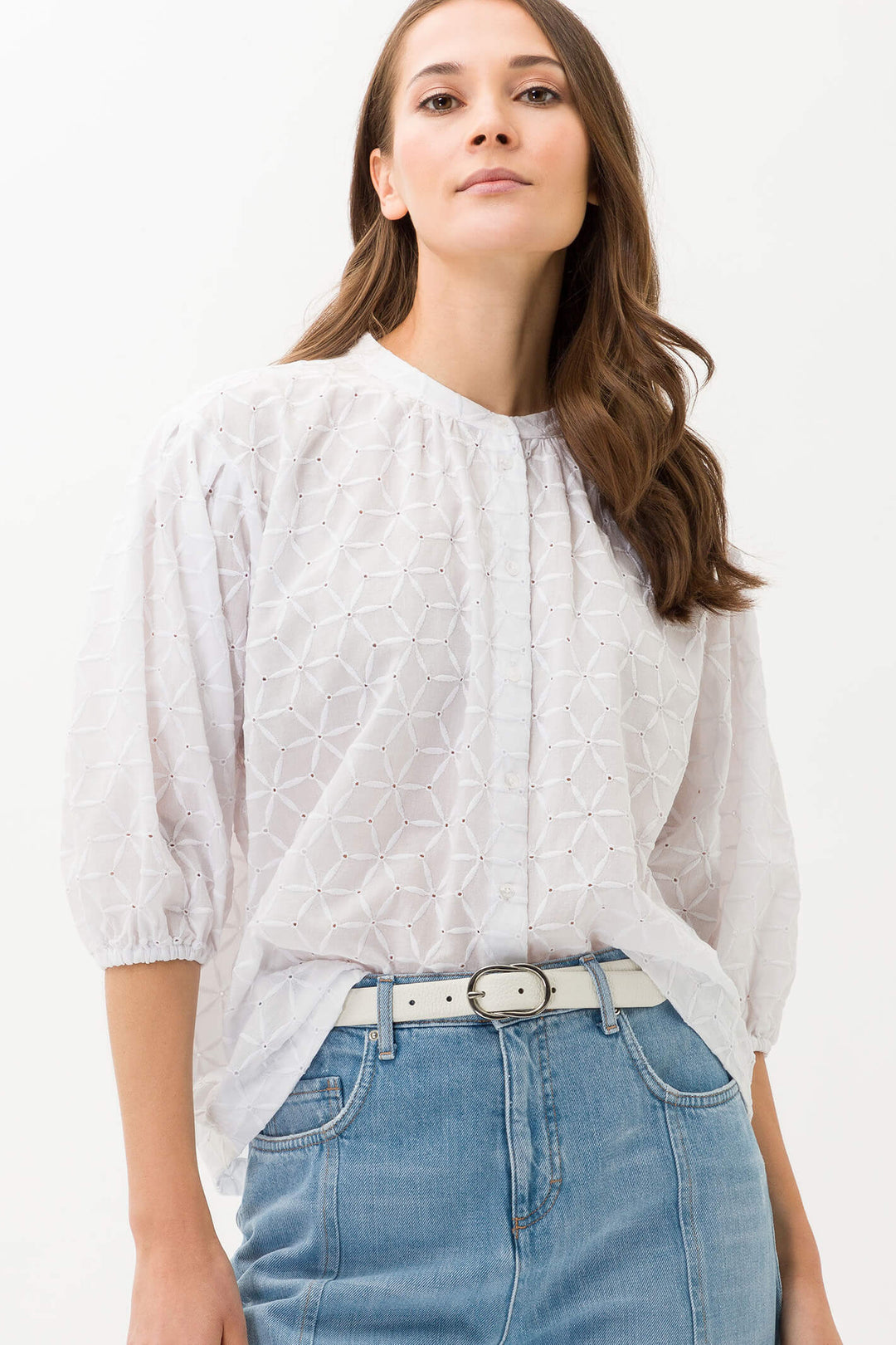 Brax Viv 42-6848-99 White Collarless Shirt - Olivia Grace Fashion