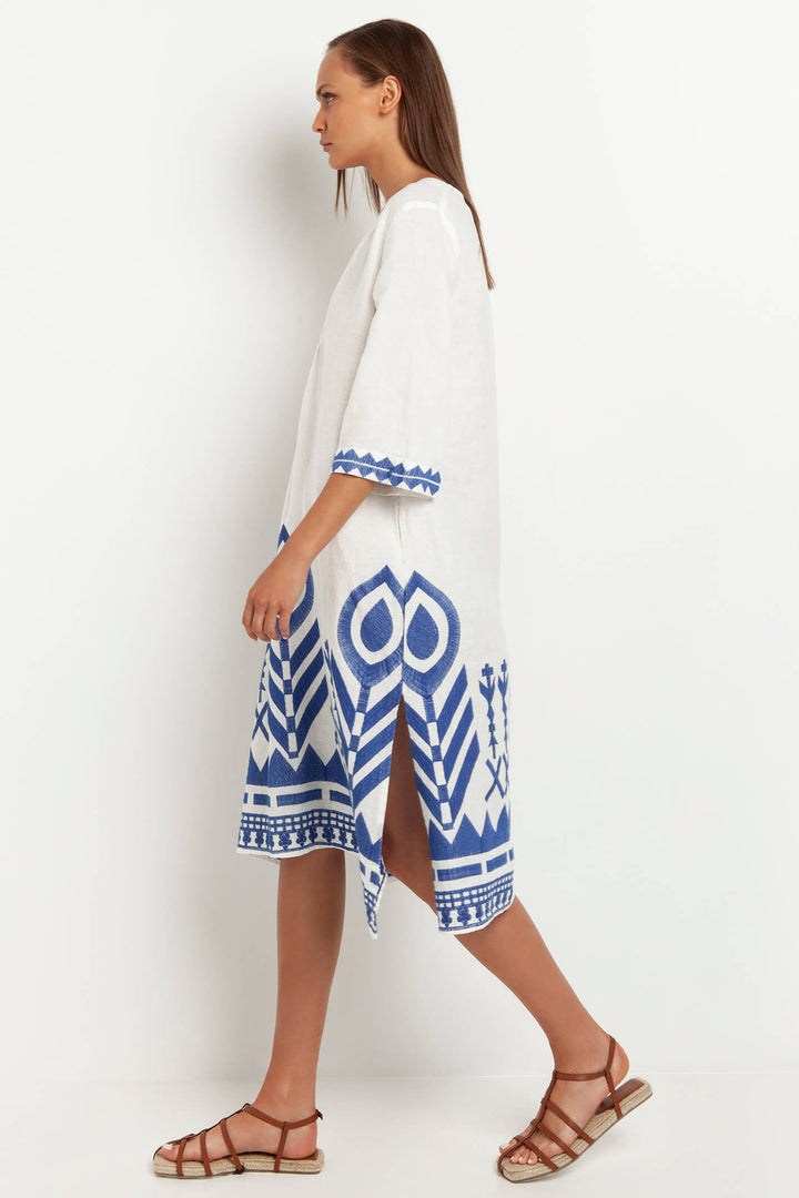 Greek Archaic Kori 230085 White Blue Feather Chevron V-Neck Dress - Olivia Grace Fashion