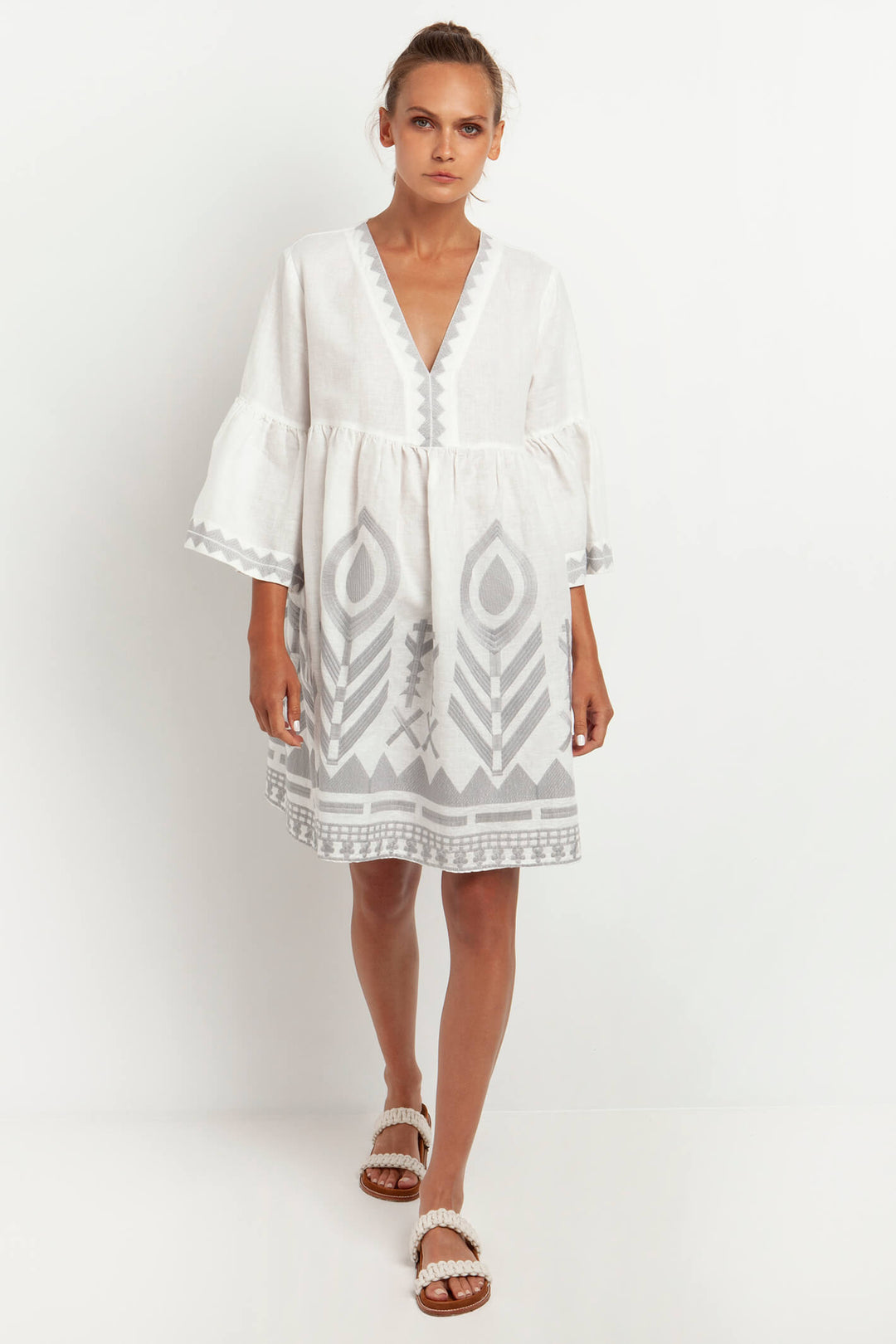 Greek Archaic Kori 230475 White Grey Feather Chevron Dress - Olivia Grace Fashion
