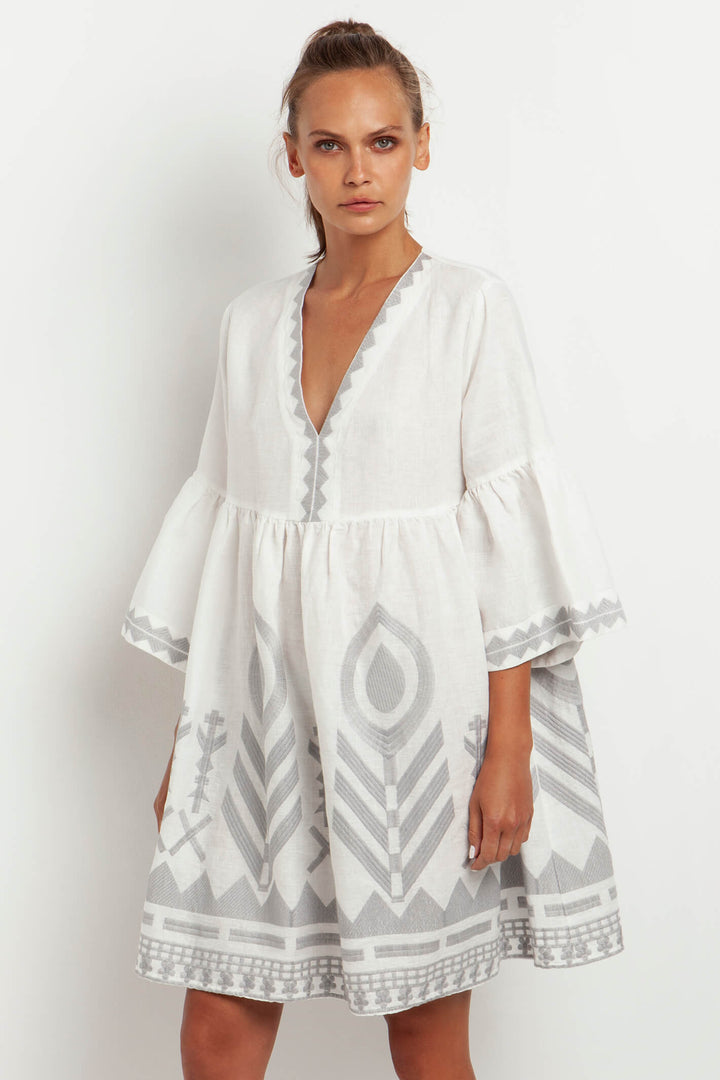 Greek Archaic Kori 230475 White Grey Feather Chevron Dress - Olivia Grace Fashion