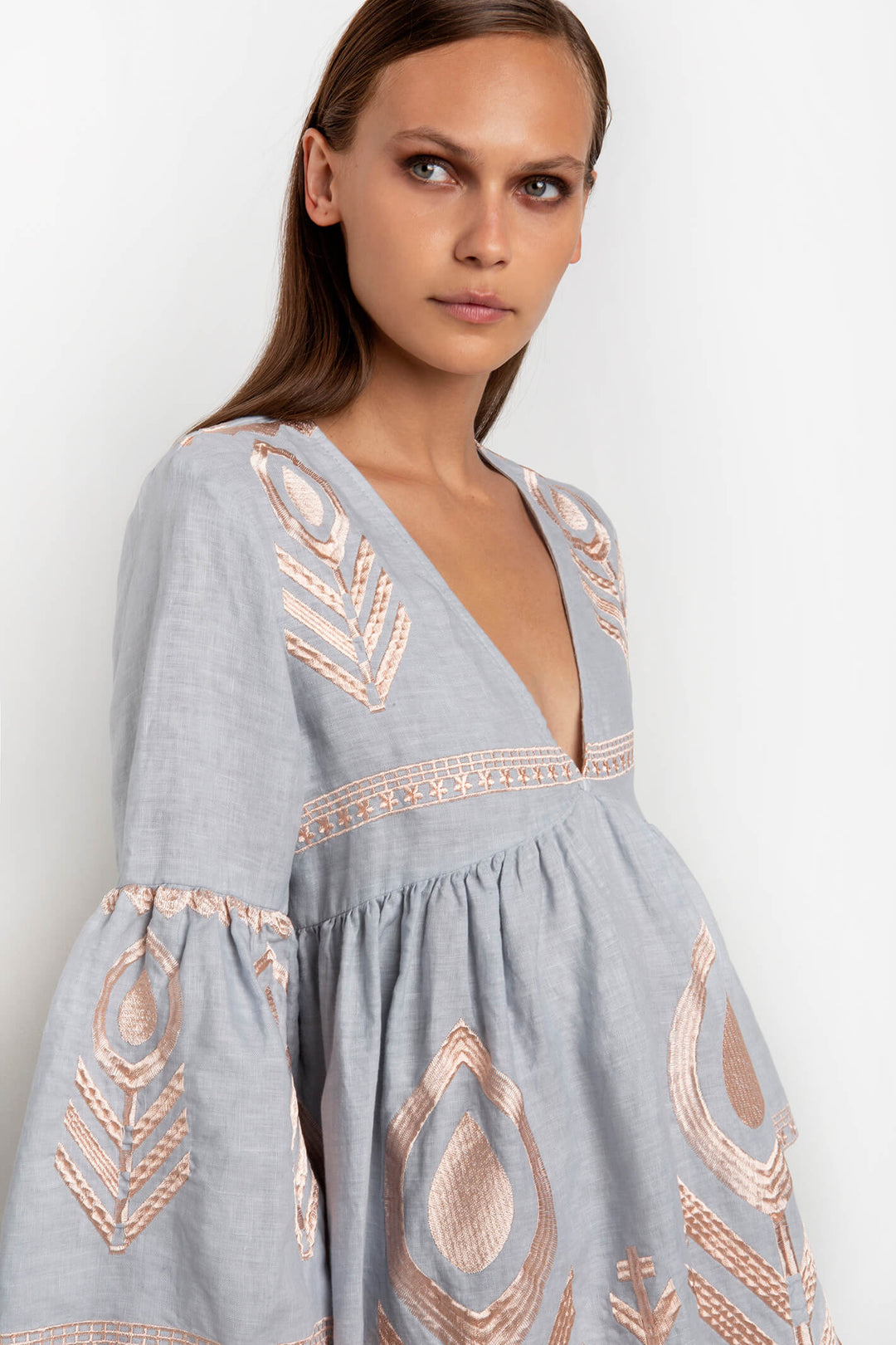 Greek Archaic Kori 230559 Grey Pink Feather Bell Sleeve Linen Dress - Olivia Grace Fashion