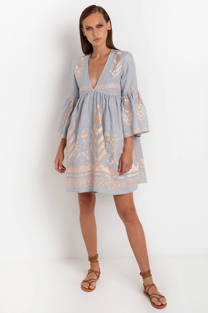 Greek Archaic Kori 230559 Grey Pink Feather Bell Sleeve Linen Dress - Olivia Grace Fashion