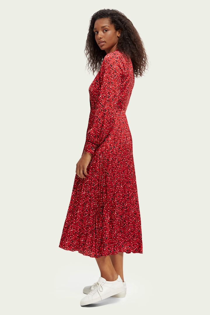 Maison Scotch 169573 Space Floral Scarlett Red Pleated Maxi Dress - Olivia Grace Fashion