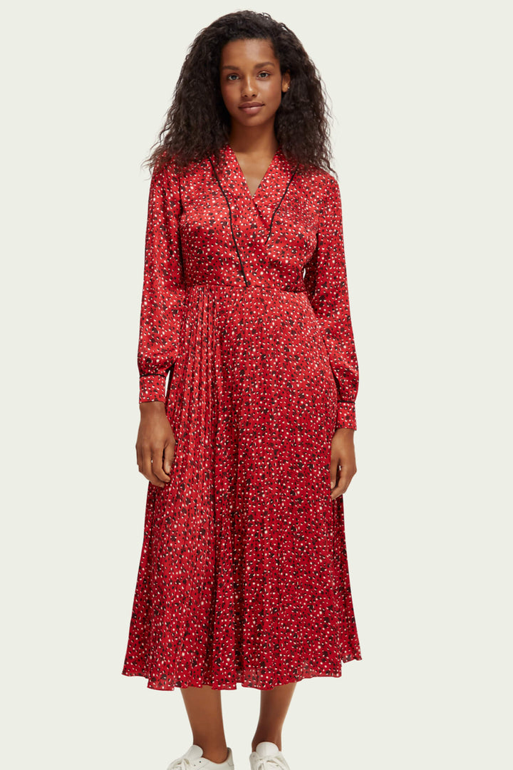 Maison Scotch 169573 Space Floral Scarlett Red Pleated Maxi Dress - Olivia Grace Fashion