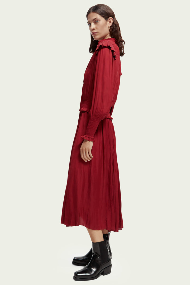 Maison Scotch 169621 Deep Raspberry Pink Smock Stitch Midi Dress - Olivia Grace Fashion