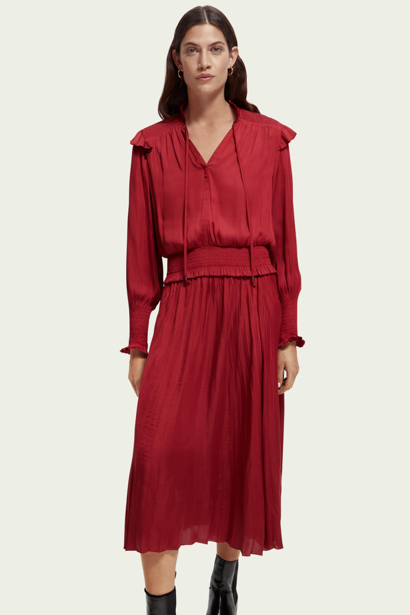 Deep Raspberry Pink Maison Scotch 169621 Deep Raspberry Pink Smock Stitch Midi Dress ...