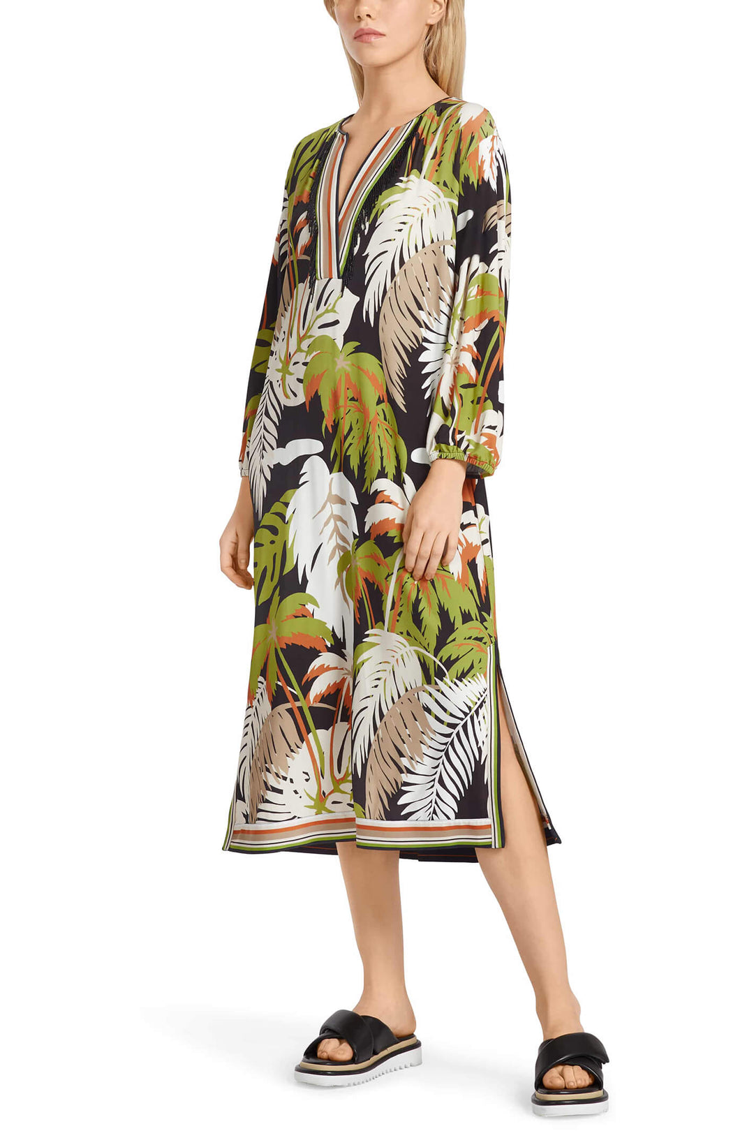 Marc Cain Collection UC 21.31 J68 Deep Olive Green Palm Print Dress - Olivia Grace Fashion