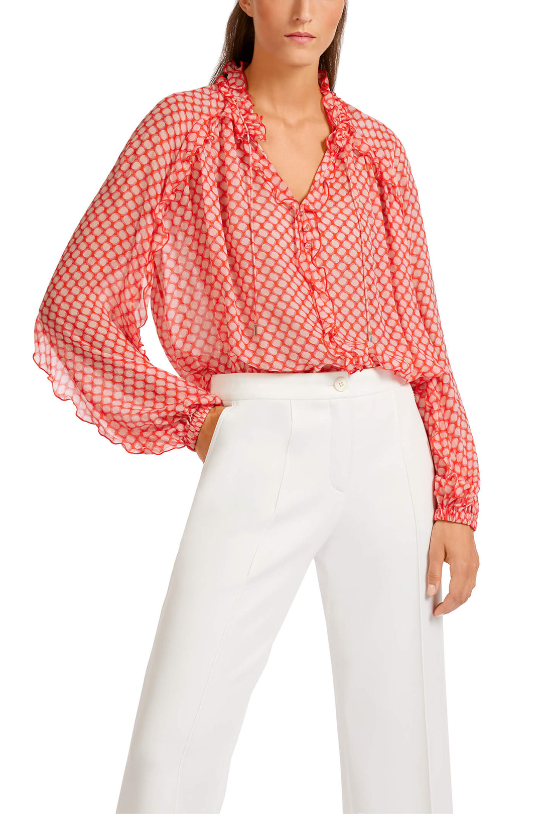 Marc Cain Collection UC 51.02 W46 Tangerine Orange Print Ruffle Blouse - Olivia Grace Fashion