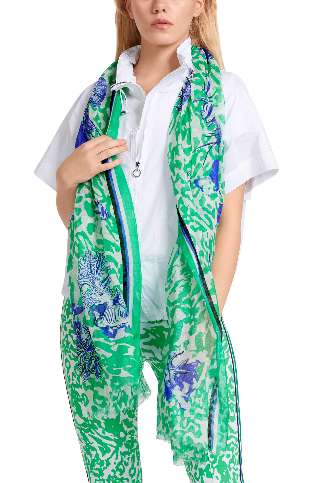 Marc Cain Sports US B4.07 Z28 Bright Basil Leaf Green Print Scarf - Olivia Grace Fashion