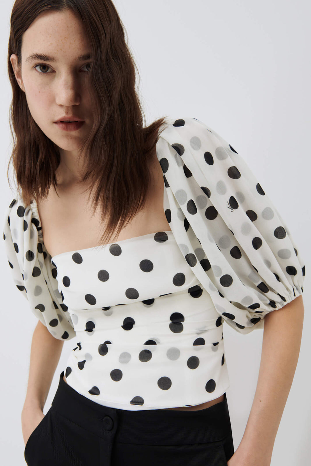 Marella OLIO Black and White Spot Top with Removable Sleeves - Olivia Grace Fashion