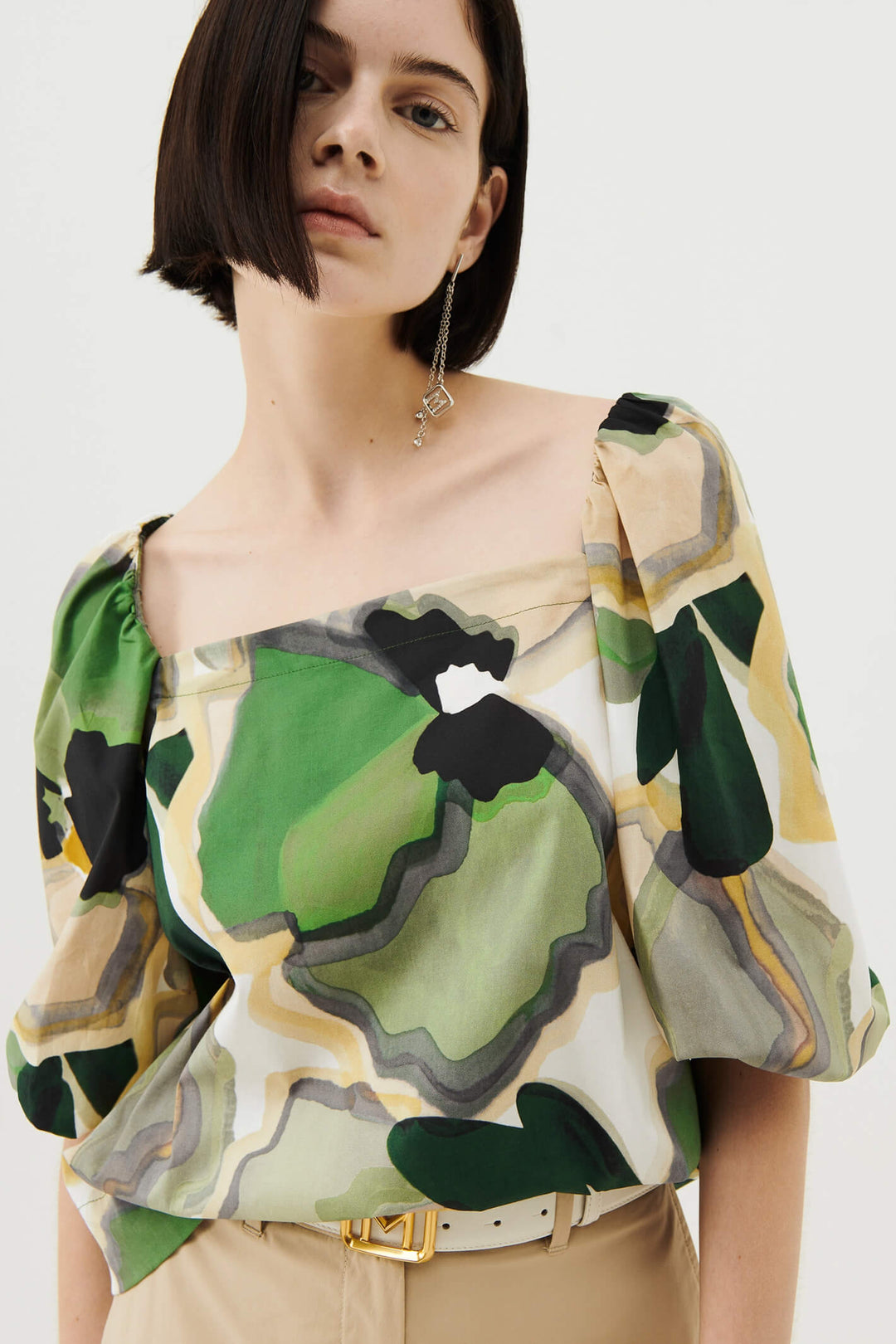 Marella Vaglio 2331110732200 Green Print Puff Sleeve Top - Olivia Grace Fashion