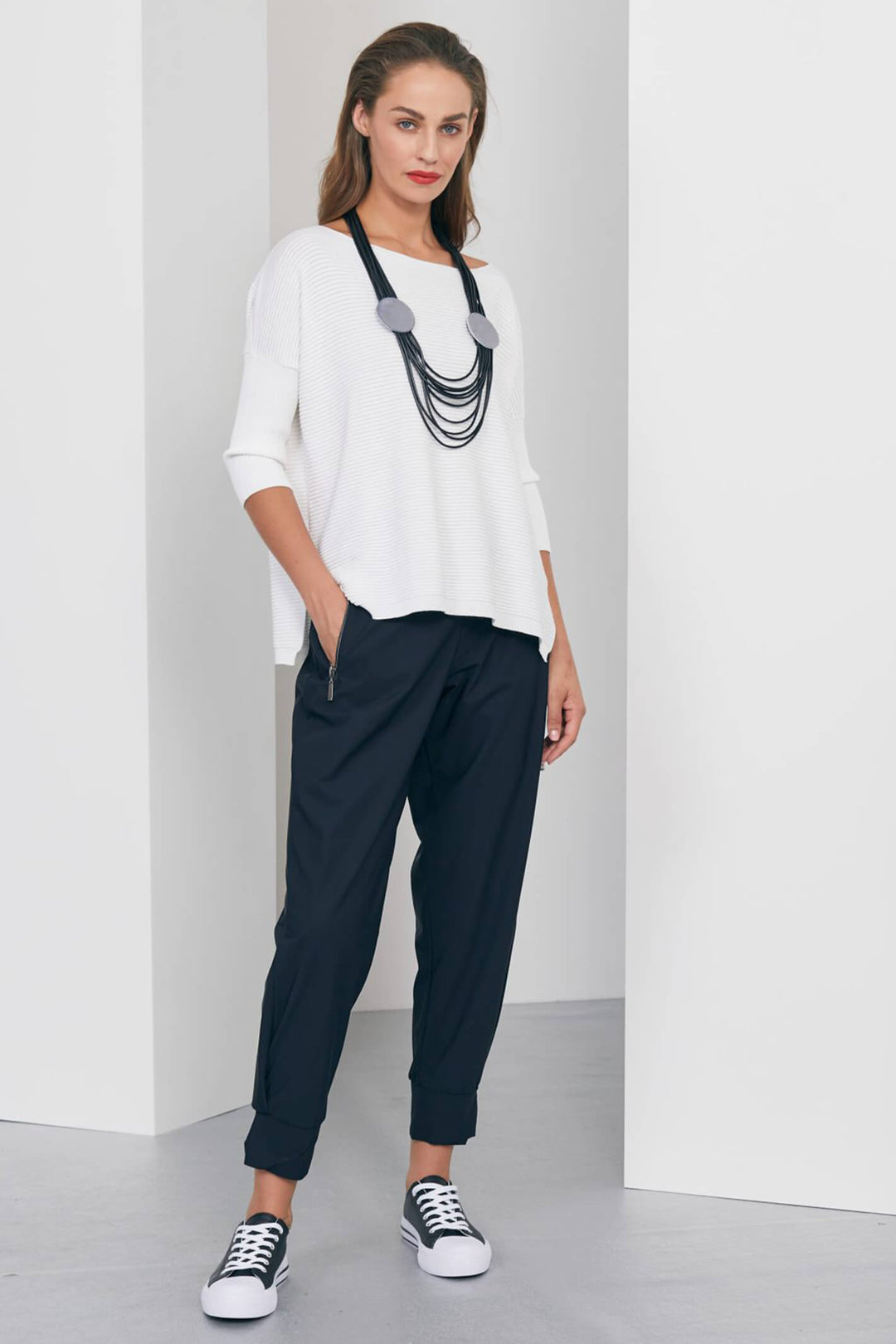 Naya NAS23102 Navy Cuff Trousers With Zip - Olivia Grace Fashion