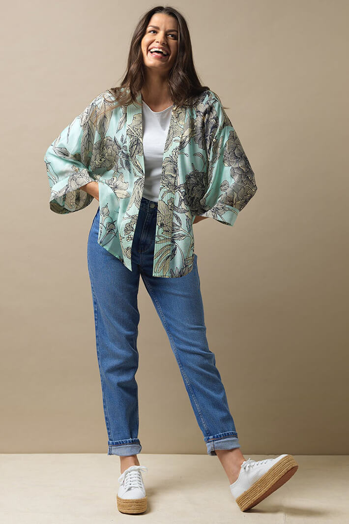 One Hundred Stars Kimono Kew Etched Floral Aqua - Olivia Grace Fashion