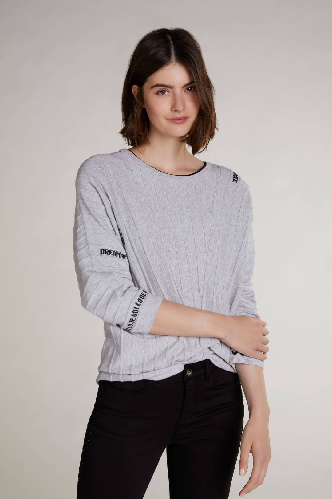 Oui Grey Cotton Jumper With Fun Word Pattern Front