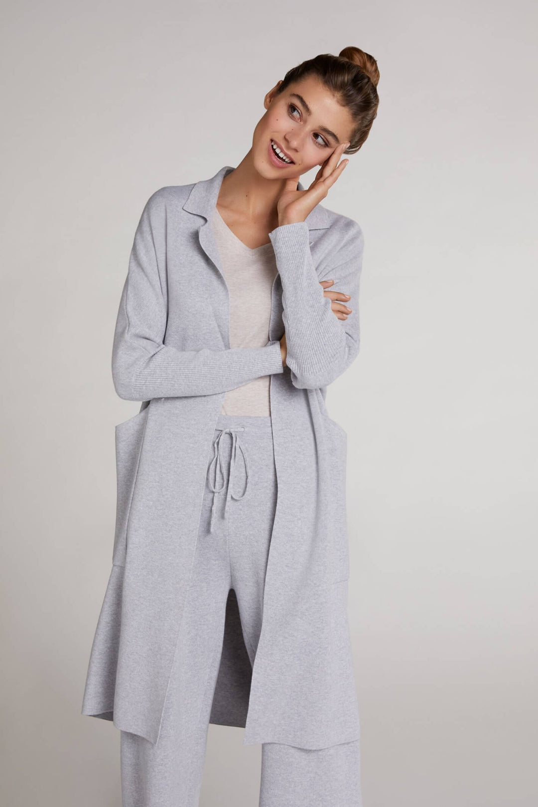 Oui Long Silver Grey Cardigan Front