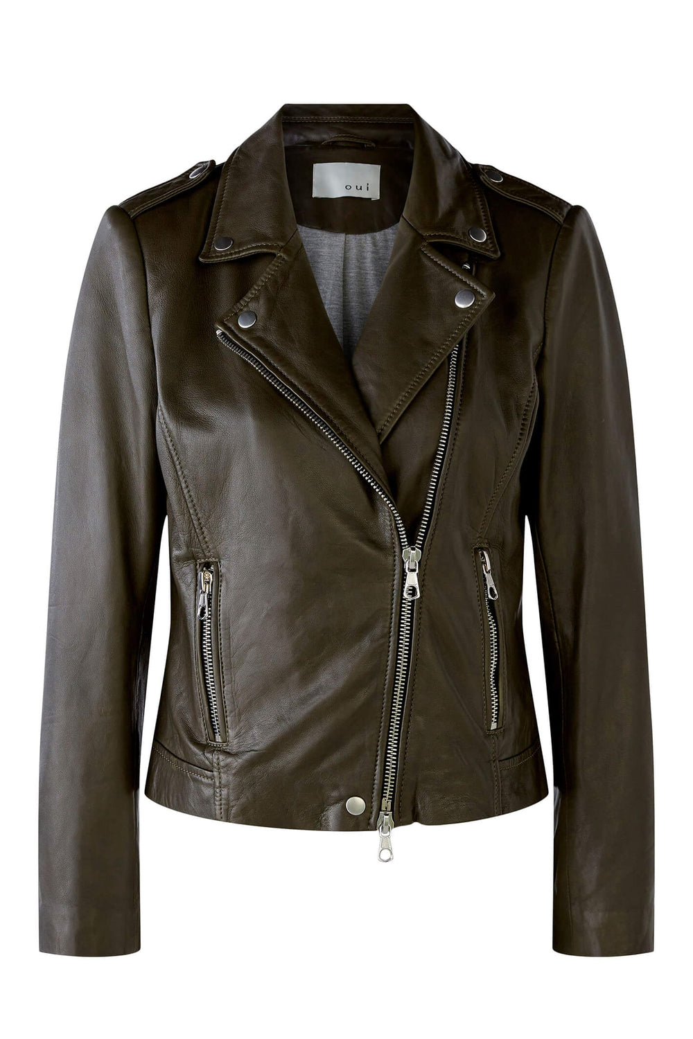 Oui 76138 Dark Khaki Biker Style Jacket - Olivia Grace Fashion