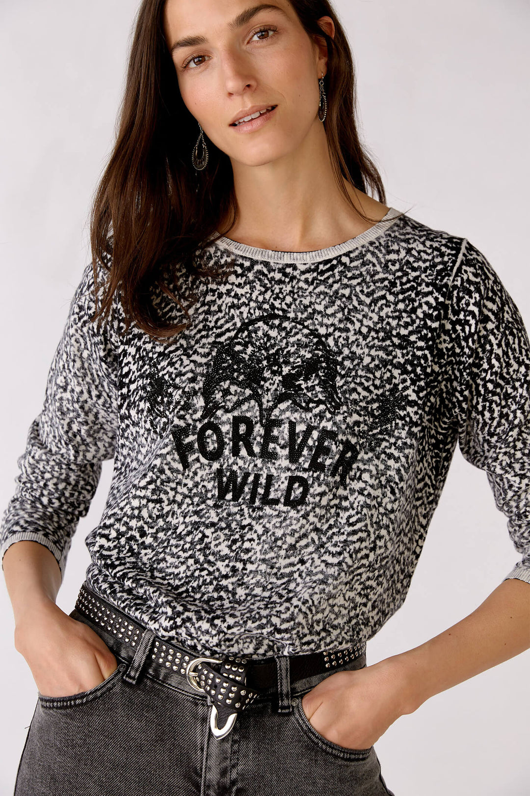 Oui 76926 White Black Forever Wild Motif Jumper - Olivia Grace Fashion