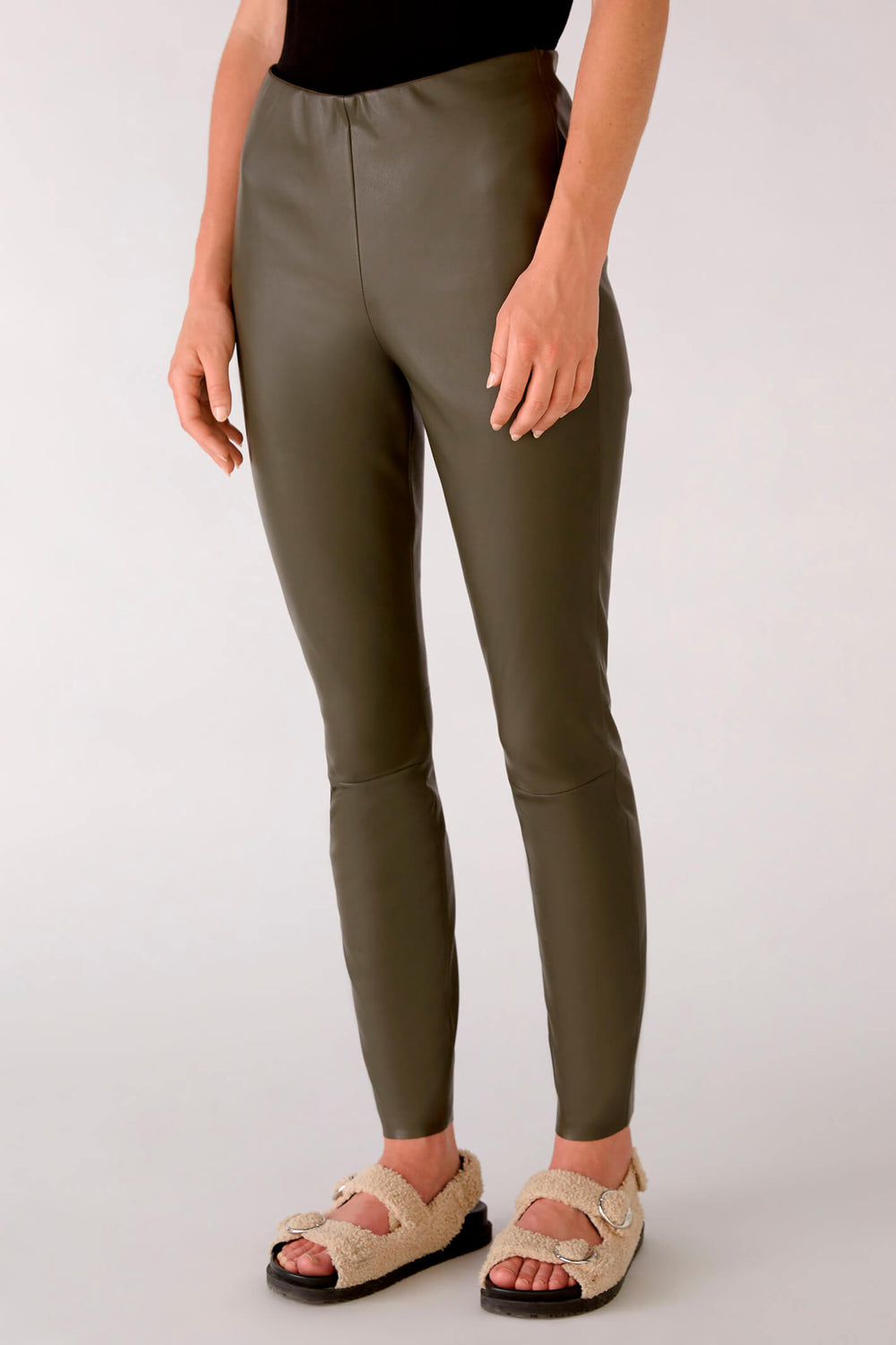 Oui 77985 Khaki Green Faux Leather Leggings - Olivia Grace Fashion