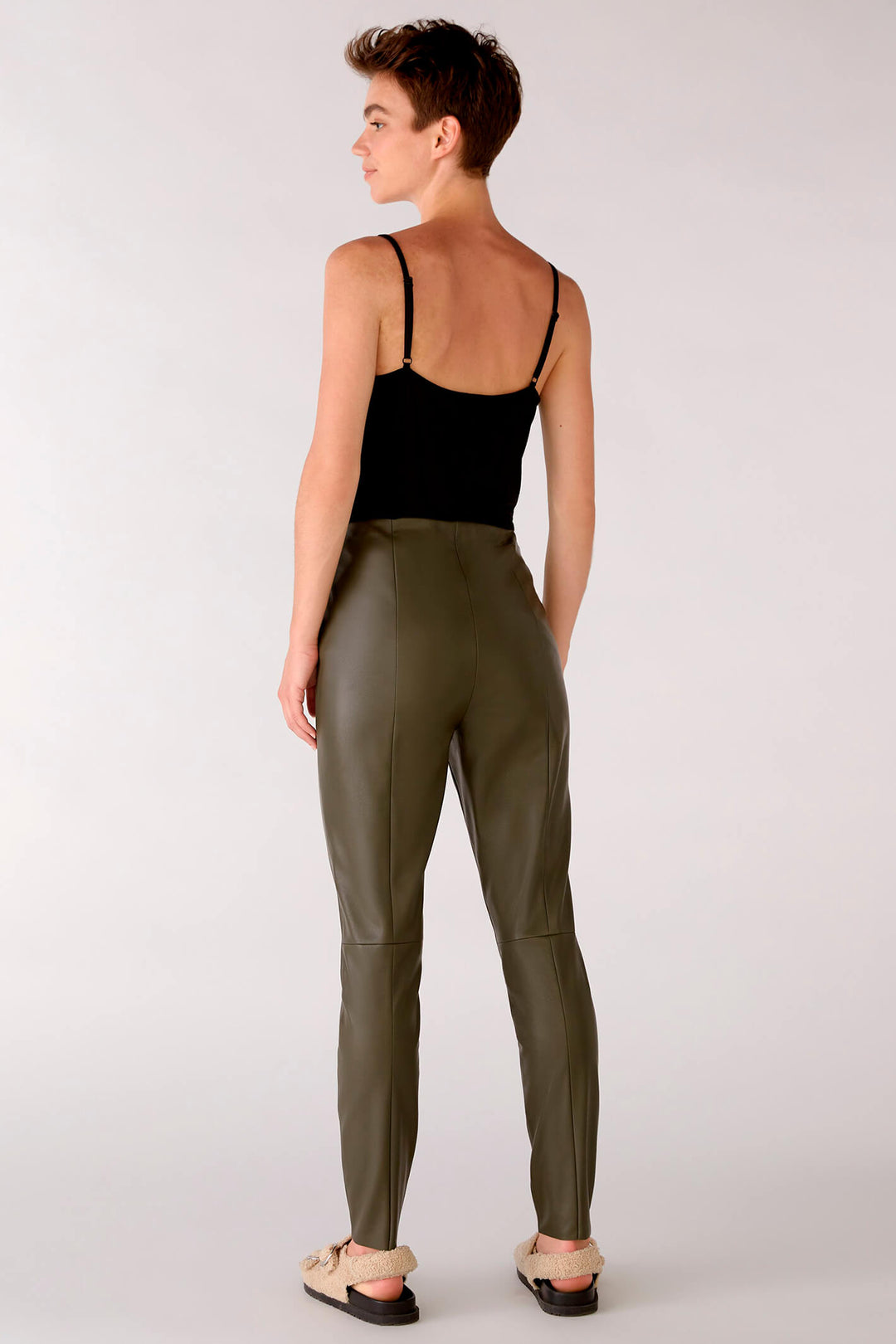 Oui 77985 Khaki Green Faux Leather Leggings - Olivia Grace Fashion