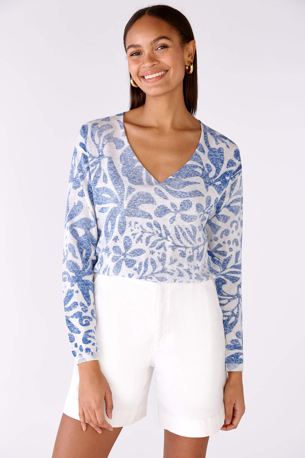 Oui 78625 White Blue Print Jumper - Olivia Grace Fashion