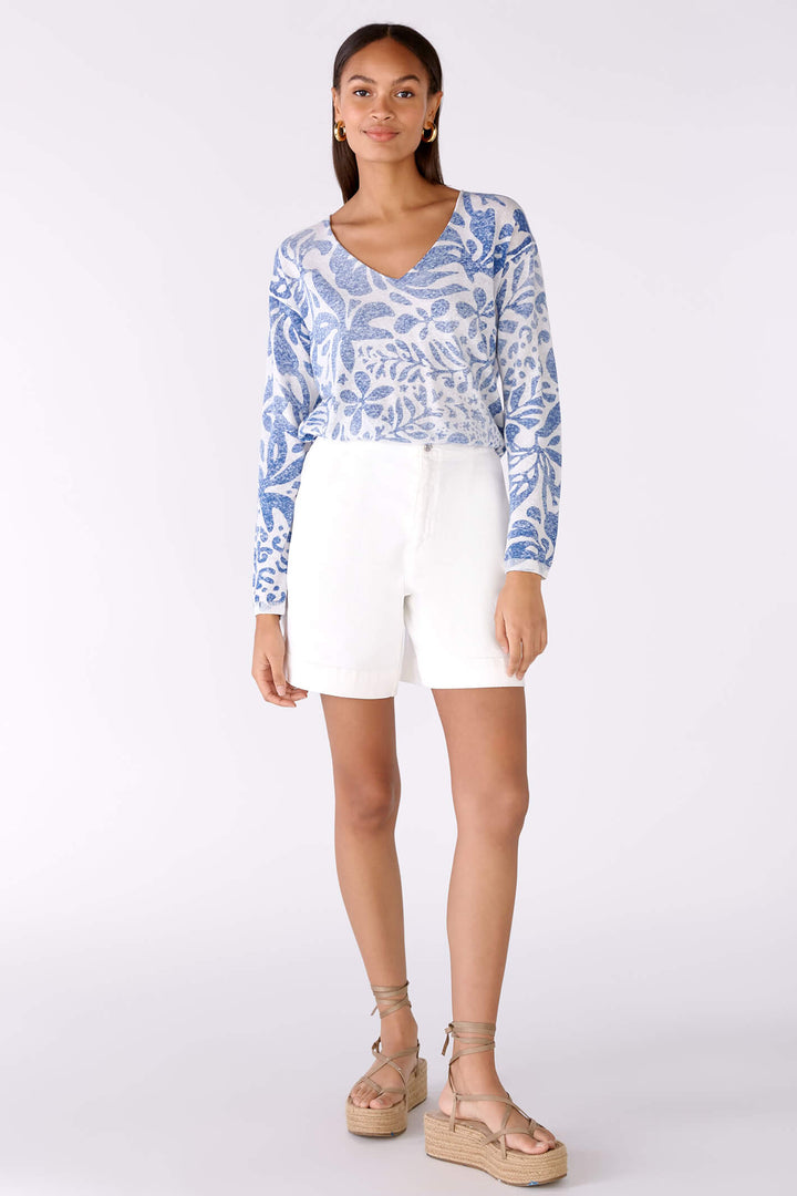 Oui 78625 White Blue Print Jumper - Olivia Grace Fashion